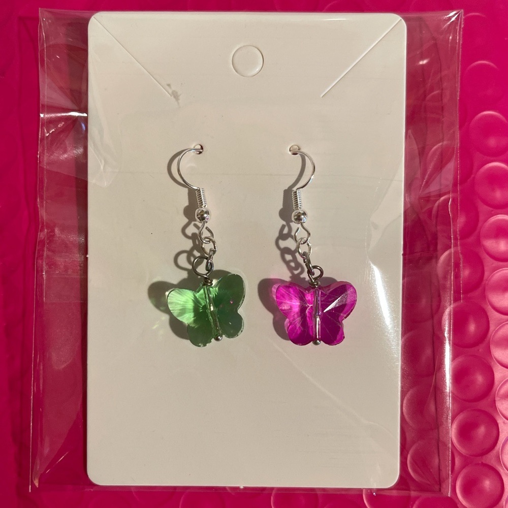green and pink butterfly earrings